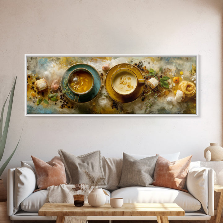 Two Cups Facing Each Other Framed Canvas Print, Coffee Shop Art, Coffee Art, Cafe Decor, Fine Art, Cafe, Textured Painting, CSA-3x1-53