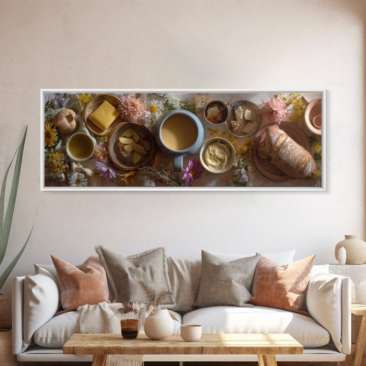 Ceramic Mug with Wildflowers Around It Framed Canvas Print, Coffee Shop Art, Minimalist Decor, Cafe Decor, Oil Painting, Cafe, CSA-3x1-56