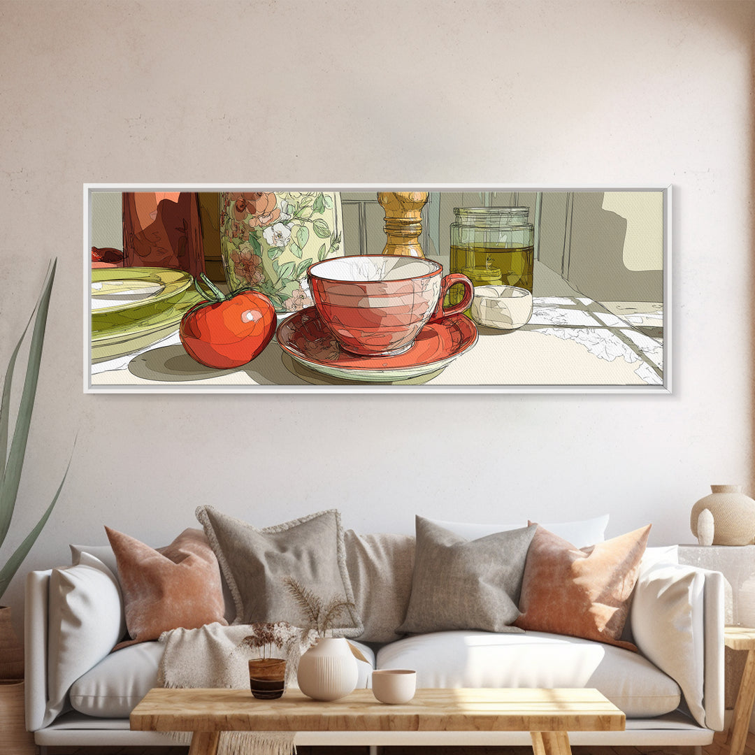 Minimal Line Art of a Cup and Framed Canvas Print, Coffee Shop Art, Dopamine Decor, Cafe Decor, Fine Art, Cafe, Coffee Wall Art, CSA-3x1-58