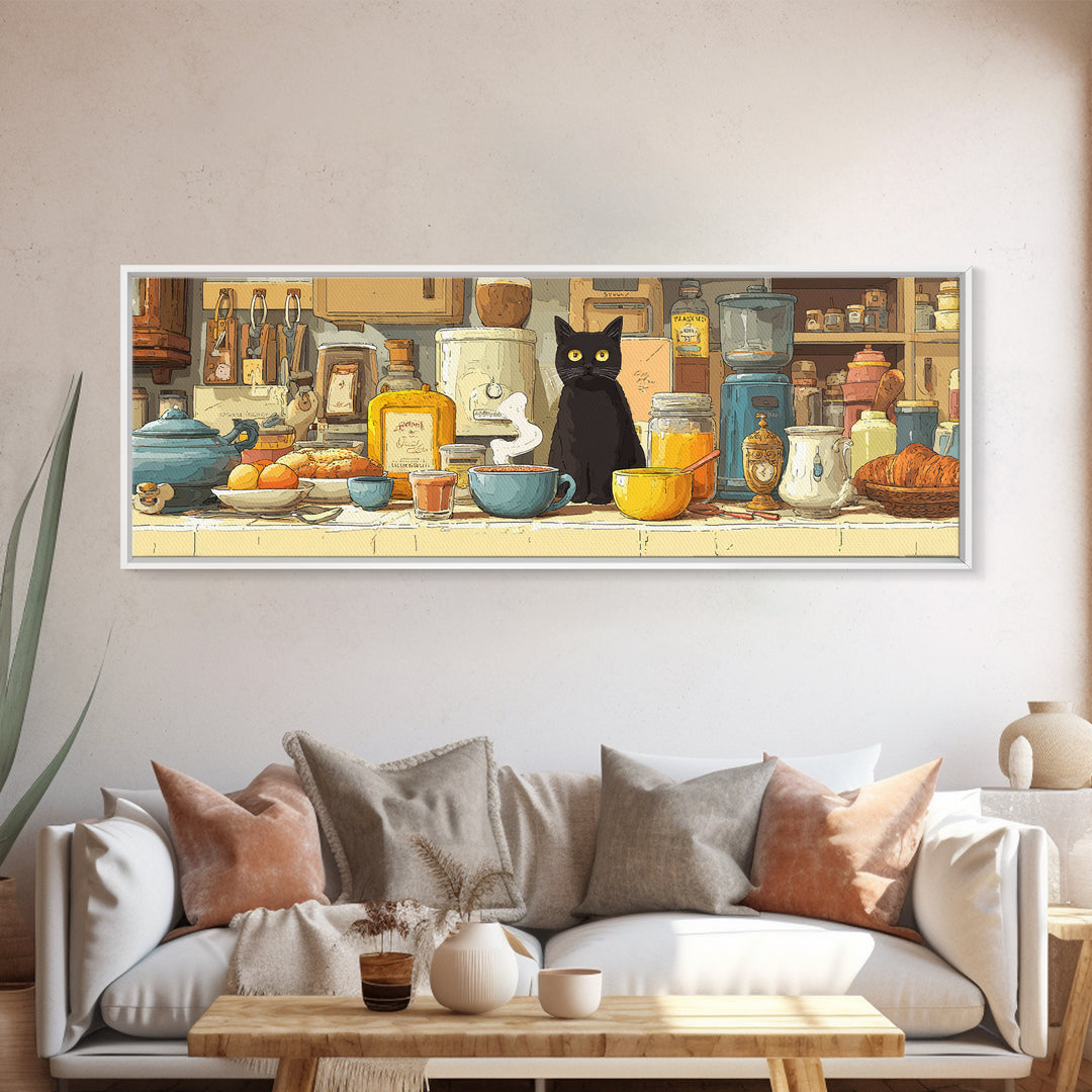 Black Cat Beside a Steaming Cup Canvas Print, Coffee Shop Art, Moody Wall Art, Cafe Decor, Fine Art, Cafe, Luxury Decor, CSA-3x1-6