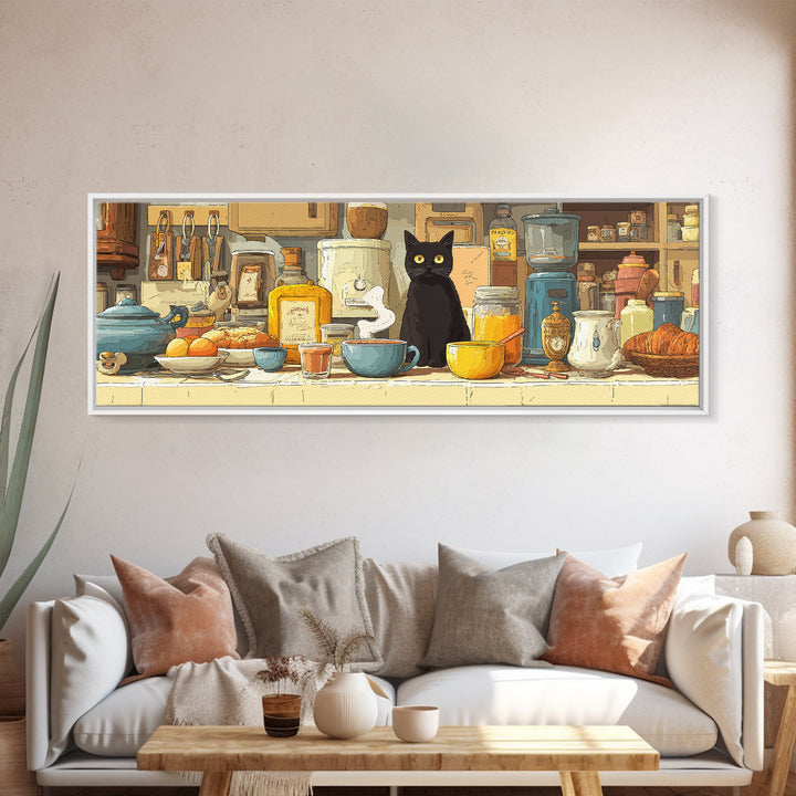 Black Cat Beside a Steaming Cup Canvas Print, Coffee Shop Art, Moody Wall Art, Cafe Decor, Fine Art, Cafe, Luxury Decor, CSA-3x1-6