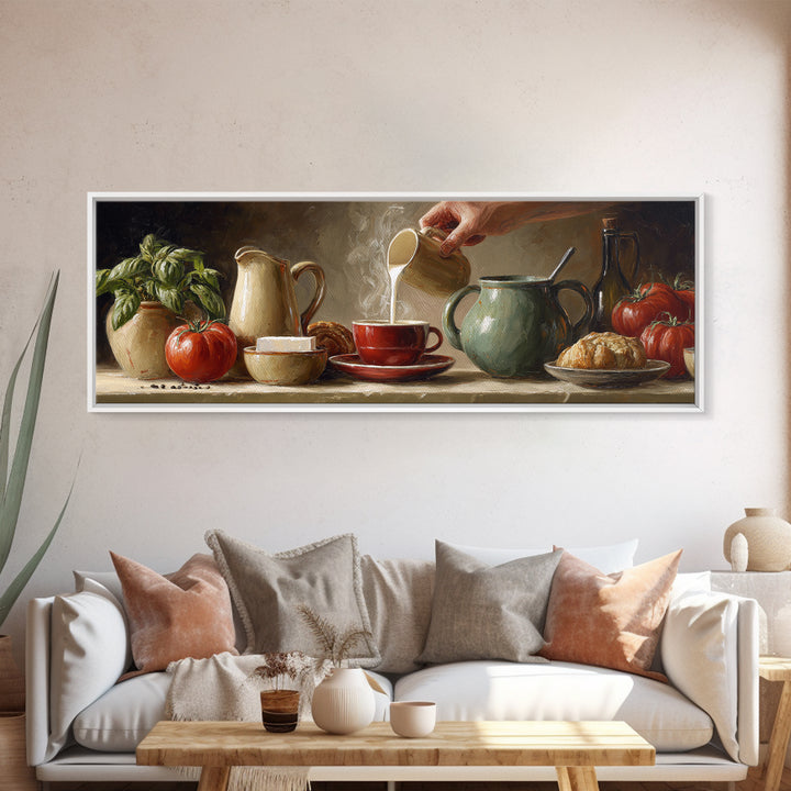 Barista Hands Pouring Milk into Espresso Canvas Print, Coffee Shop Art, Whimsical Art, Cafe Decor, Oil Painting, Cafe, CSA-3x1-61