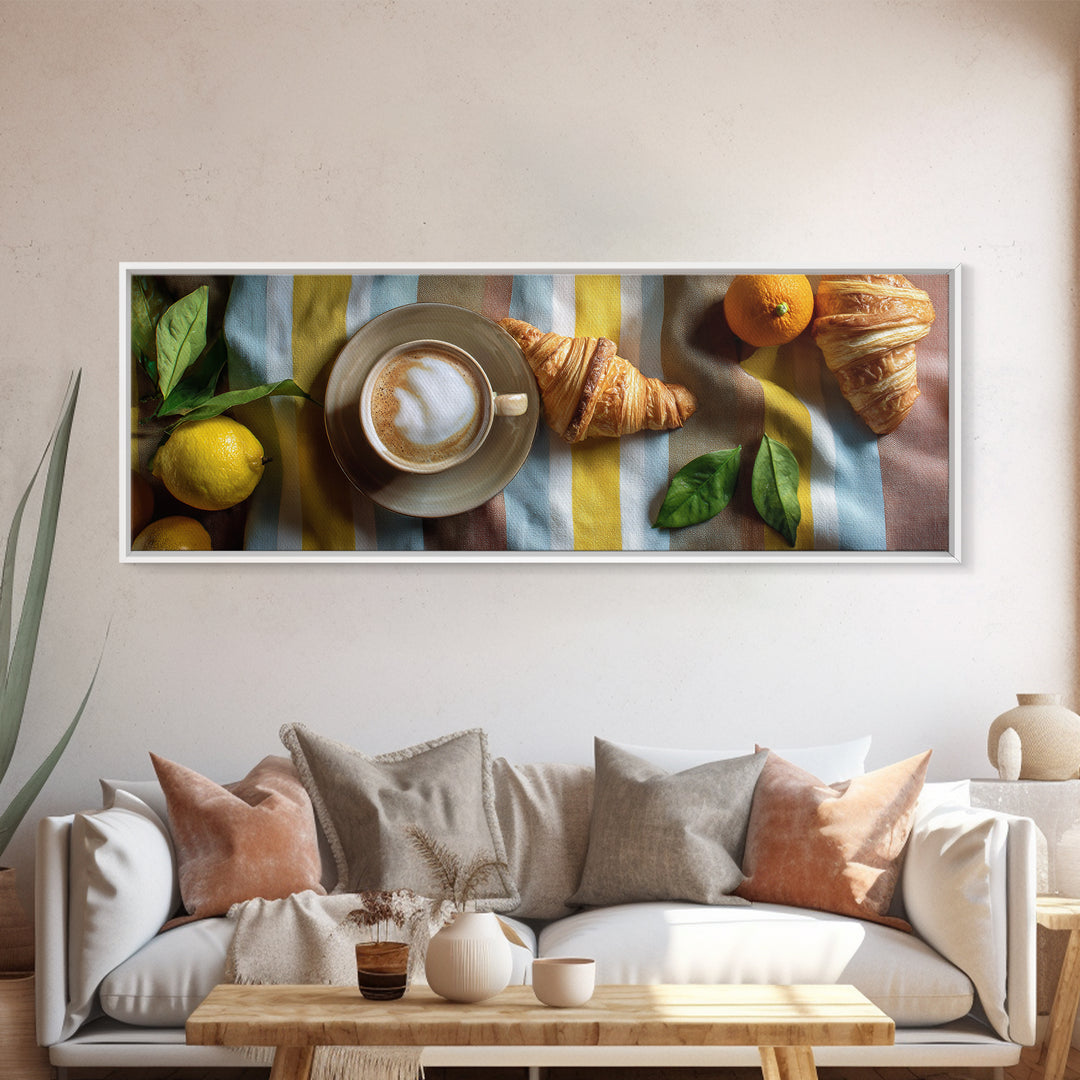Croissant and Cappuccino on Striped Cloth Framed Canvas Print, Coffee Shop Art, Gallery Decor, Cafe Decor, Fine Art, Cafe, CSA-3x1-69