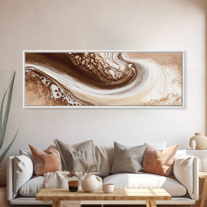 Abstract Brown and Cream Coffee Swirl Framed Canvas Print, Coffee Shop Art, Neutral Decor, Cafe Decor, Fine Art, Cafe, CSA-3x1-73