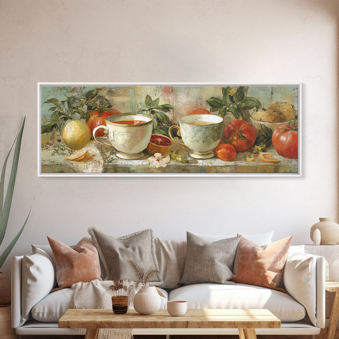 Two Cups Facing Each Other Framed Canvas Print, Coffee Shop Art, Coffee Art, Cafe Decor, Fine Art, Cafe, Textured Painting, CSA-3x1-77