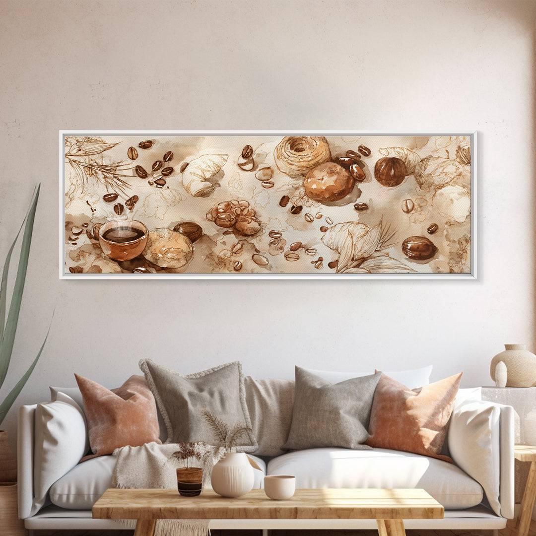 Coffee Bean Pattern Framed Canvas Print, Coffee Shop Art, Kitchen Gift, Cafe Decor, Oil Painting, Cafe, Coffee Art, Food Art, CSA-3x1-79