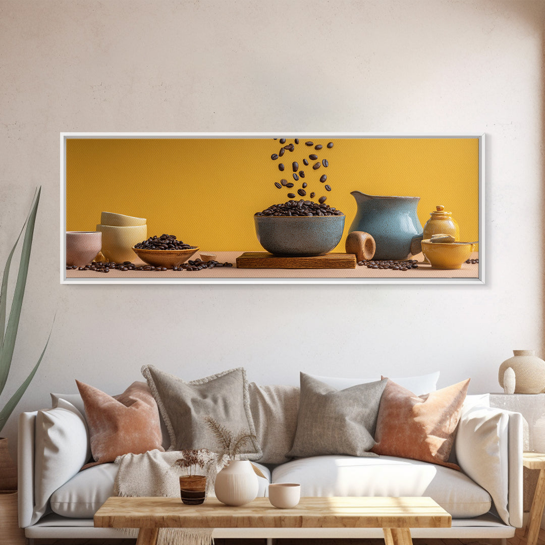 Roasted Beans Falling Through Dark Space Framed Canvas Print, Coffee Shop Art, Printable, Cafe Decor, Fine Art, Cafe, CSA-3x1-84