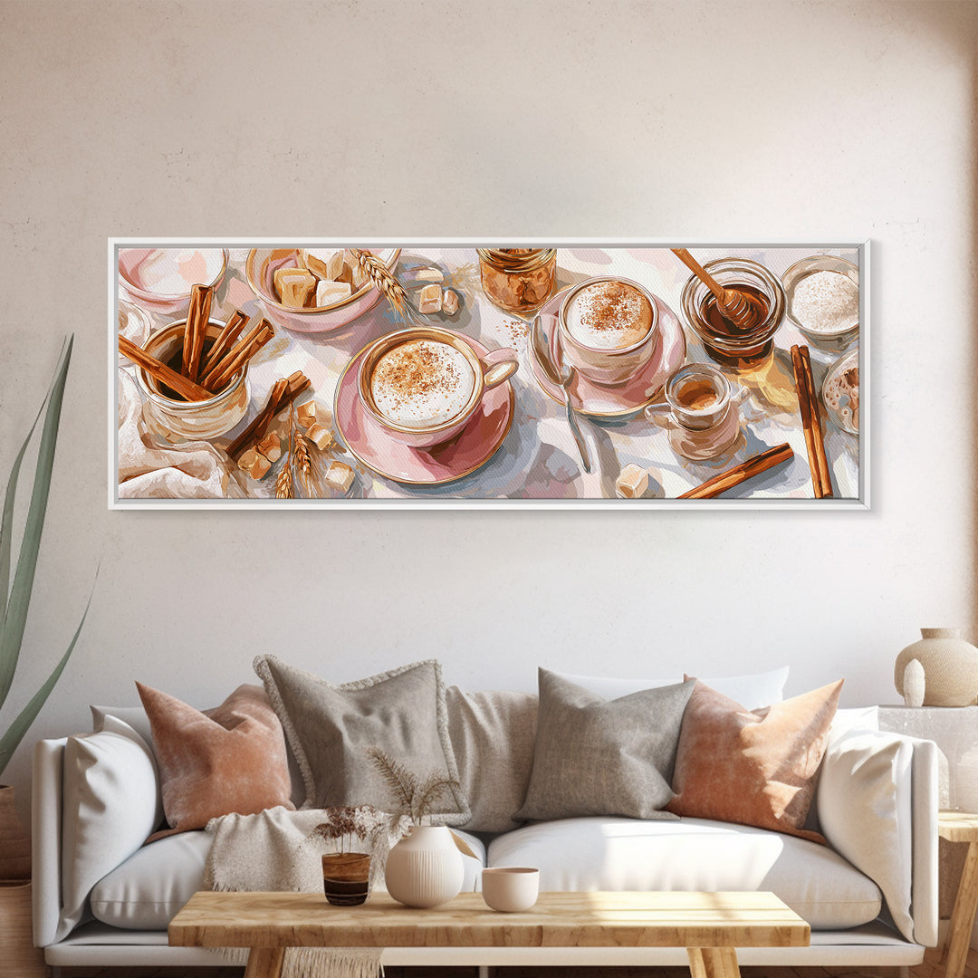 Cinnamon Sticks and Cappuccino Foam Still Life Canvas Print, Coffee Shop Art, Wall Art, Cafe Decor, Oil Painting, Cafe, CSA-3x1-88