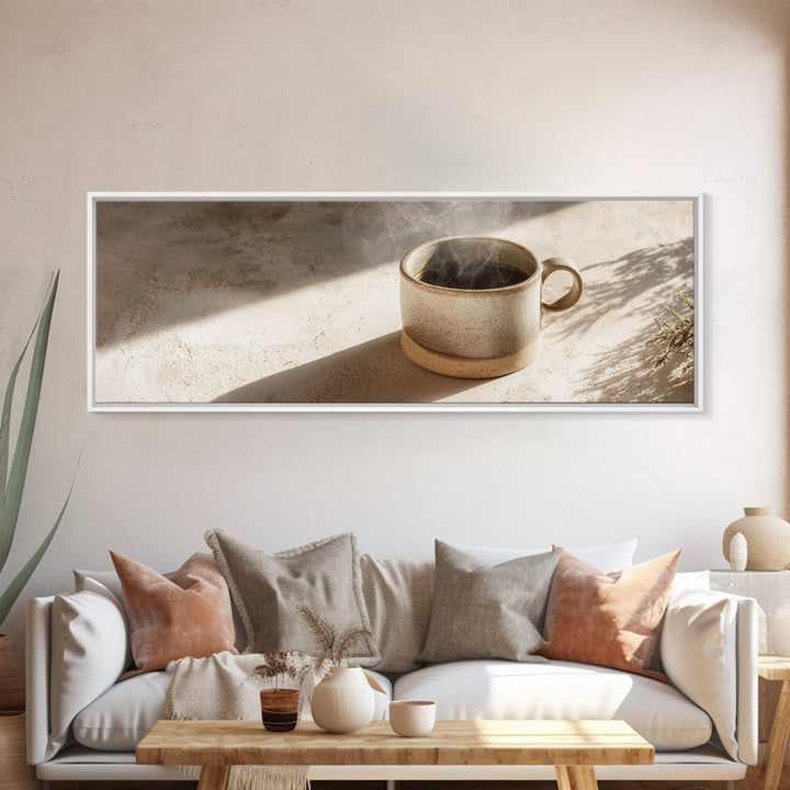 Espresso Cup with Rising Steam and Warm Framed Canvas Print, Coffee Shop Art, Boho Decor, Cafe Decor, Oil Painting, Cafe, CSA-3x1-89