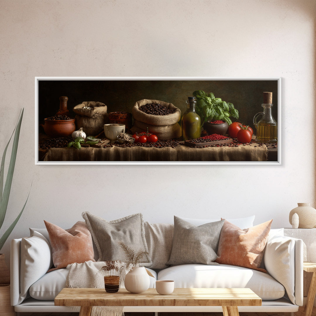 Coffee Beans and Burlap Sack Still Life Framed Canvas Print, Coffee Shop Art, Moody Wall Art, Cafe Decor, Fine Art, Cafe, CSA-3x1-90