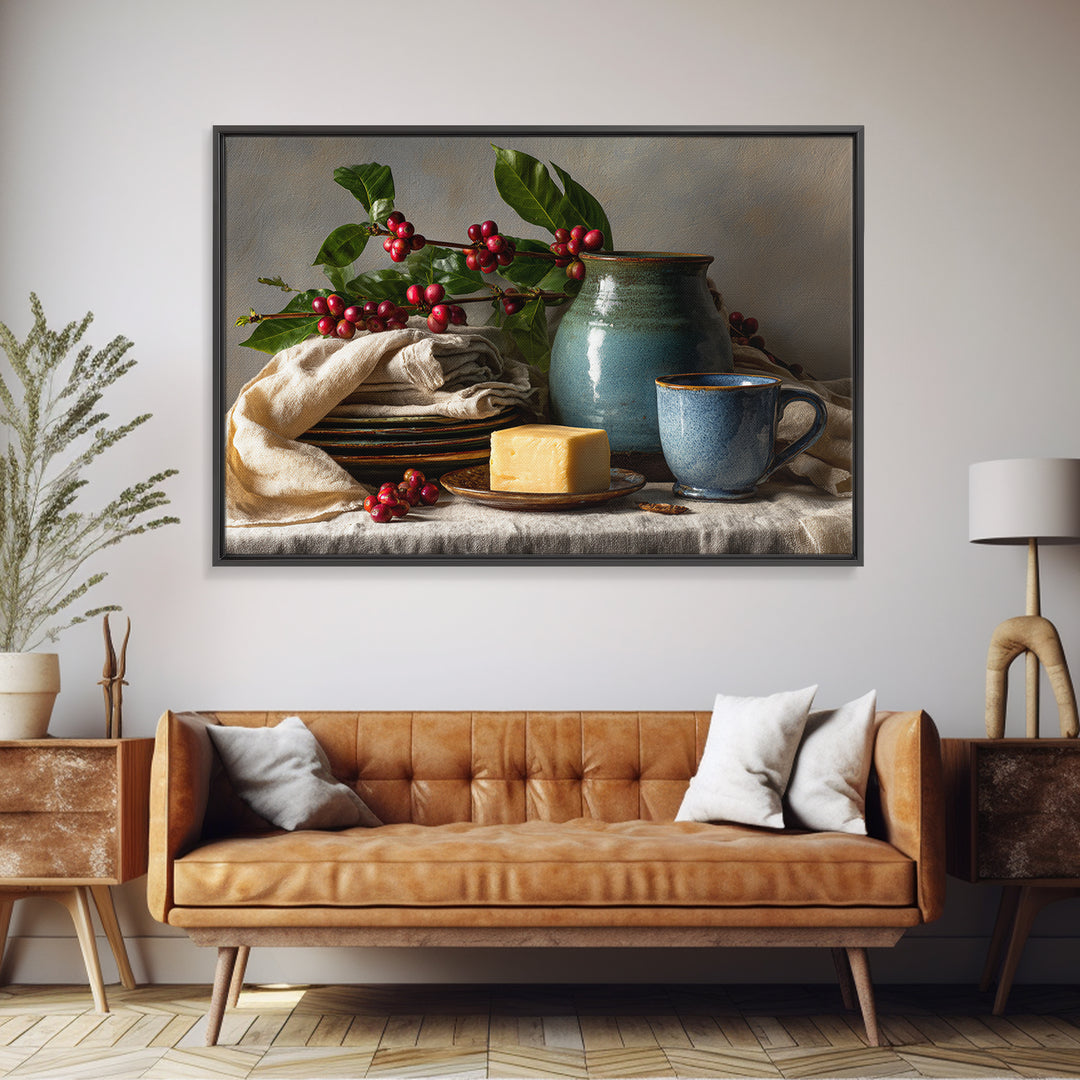 Botanical Coffee Plant Branch Framed Canvas Print, Coffee Shop Art, Dopamine Decor, Cafe Decor, Oil Painting, Cafe, CSA-3x2-10