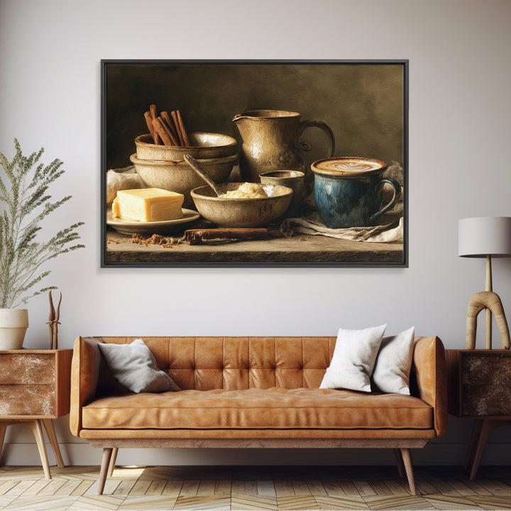 Cinnamon Sticks and Cappuccino Foam Still Life Framed Canvas Print, Coffee Shop Art, Wall Art, Cafe Decor, Oil Painting, Cafe, CSA-3x2-100