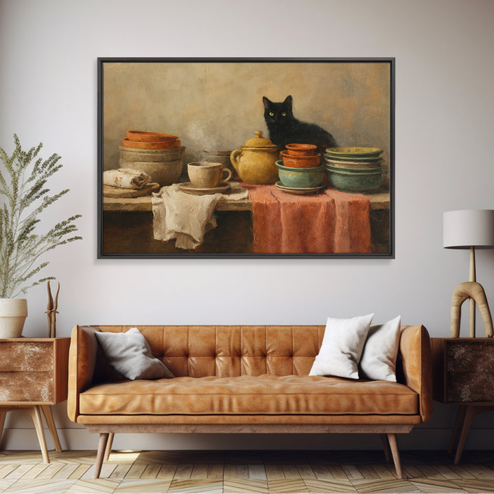 Black Cat Beside a Steaming Cup Framed Canvas Print, Coffee Shop Art, Kitchen Art, Cafe Decor, Cafe, Minimalist Wall Art, CSA-3x2-18