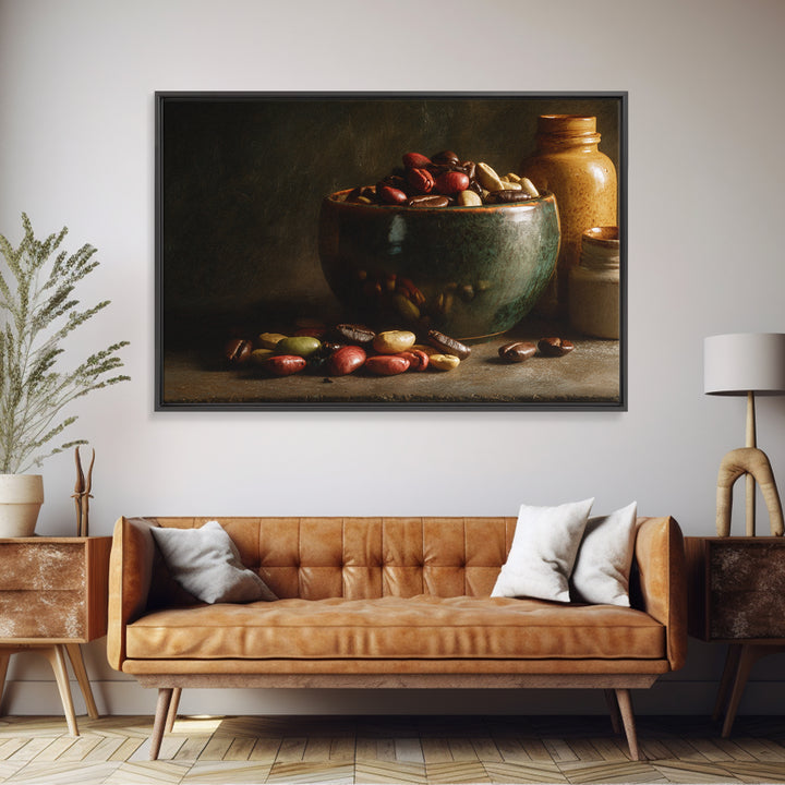 Roasted Beans Falling Through Dark Space Framed Canvas Print, Coffee Shop Art, Moody Wall Art, Cafe Decor, Fine Art, Cafe, CSA-3x2-24
