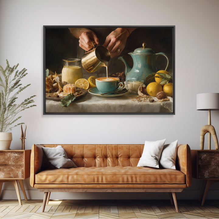 Barista Hands Pouring Milk into Espresso Framed Canvas Print, Coffee Shop Art, Minimalist Wall Art, Cafe Decor, Abstract Art, CSA-3x2-25
