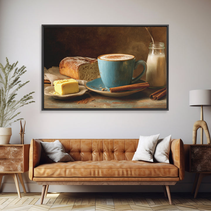 Cinnamon Sticks and Cappuccino Foam Still Life Framed Canvas Print, Coffee Shop Art, Bedroom Wall Art, Cafe Decor, Cafe, CSA-3x2-28