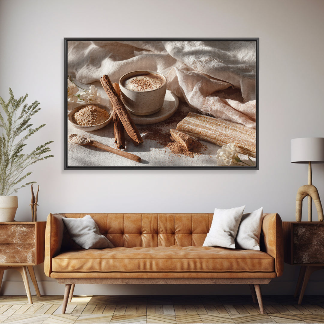 Cinnamon Sticks and Cappuccino Foam Still Life Canvas Print, Coffee Shop Art, Kitchen Gift, Cafe Decor, Oil Painting, Cafe, CSA-3x2-4