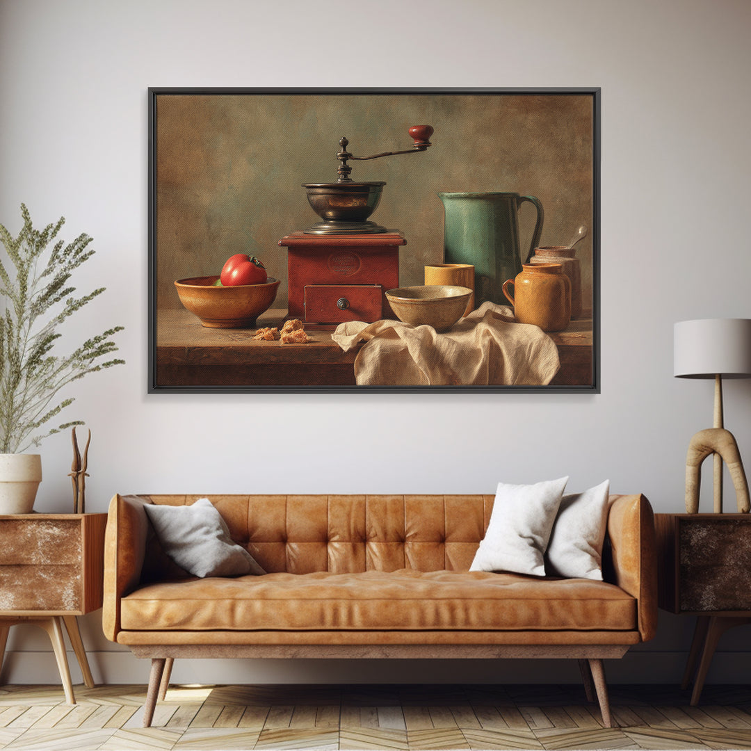 Coffee Grinder Antique Still Life Framed Canvas Print, Coffee Shop Art, Whimsical Art, Cafe Decor, Oil Painting, Cafe, CSA-3x2-40