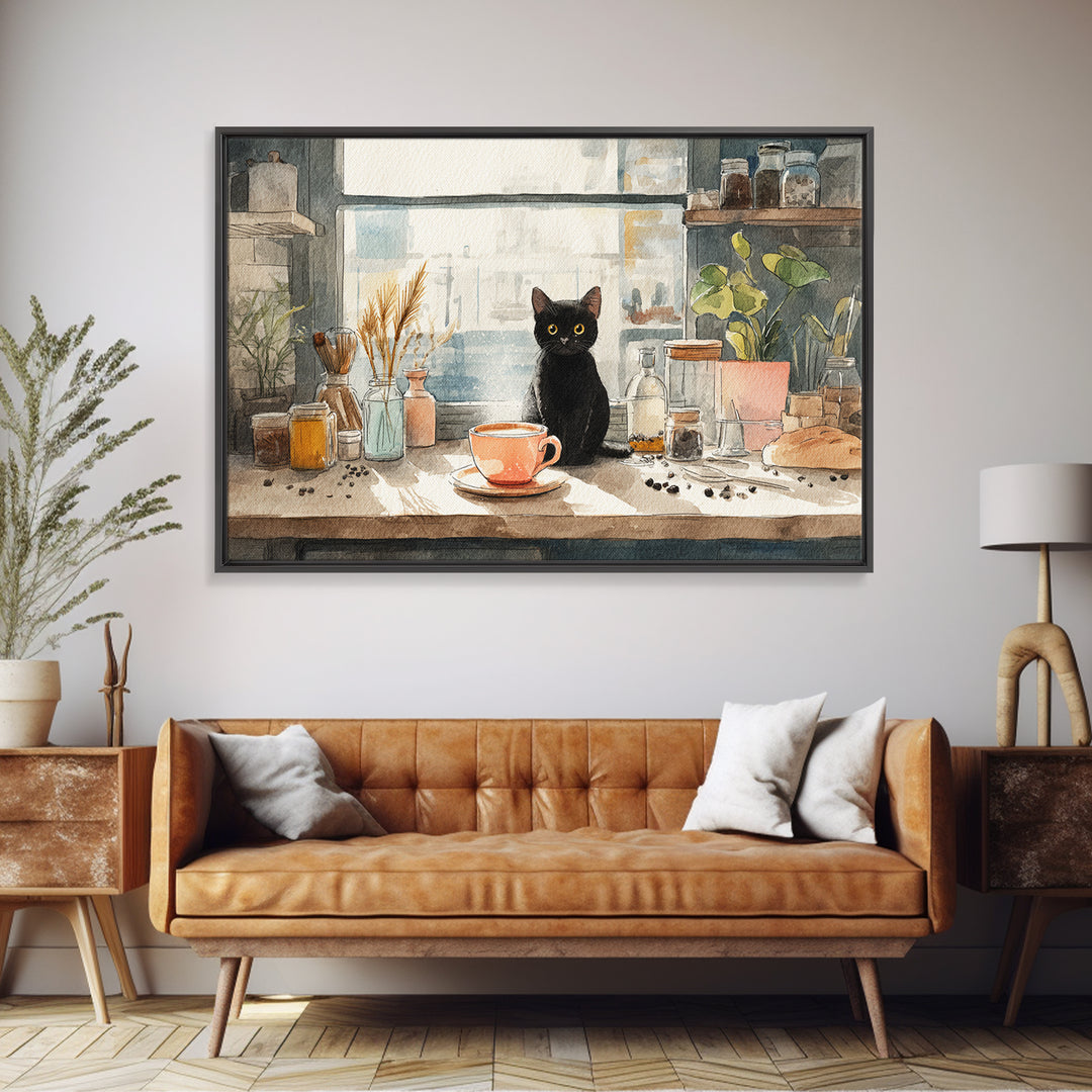 Black Cat Beside a Steaming Cup Canvas Print, Coffee Shop Art, Canvas Print, Cafe Decor, Fine Art, Cafe, Neutral Decor, CSA-3x2-42