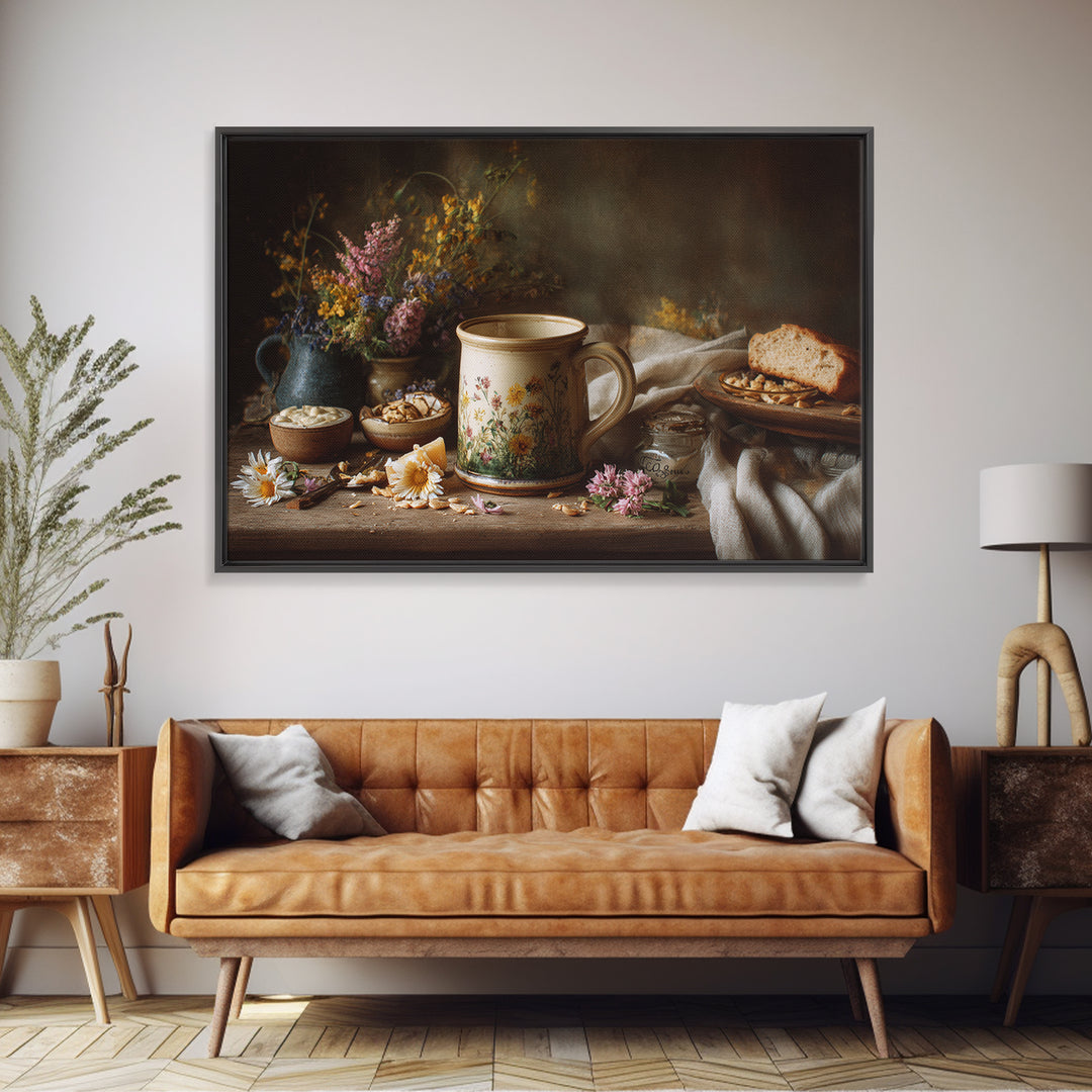 Ceramic Mug with Wildflowers Around It Canvas Print, Coffee Shop Art, Coffee Wall Art, Cafe Decor, Fine Art, Cafe, CSA-3x2-44