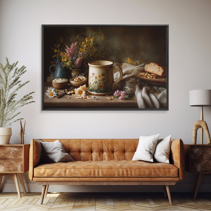 Ceramic Mug with Wildflowers Around It Canvas Print, Coffee Shop Art, Coffee Wall Art, Cafe Decor, Fine Art, Cafe, CSA-3x2-44