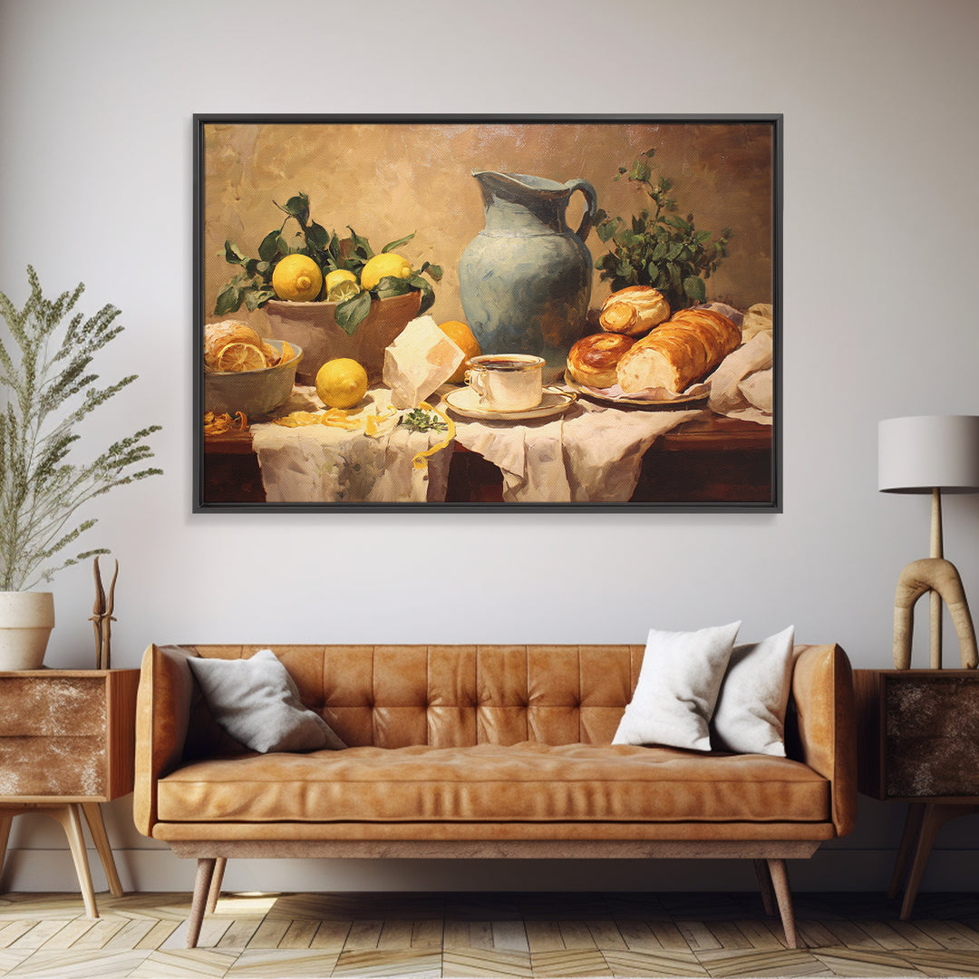 Sunlit Pastry and Coffee Arrangement Framed Canvas Print, Coffee Shop Art, Digital Wall Art, Cafe Decor, Oil Painting, Cafe, CSA-3x2-47