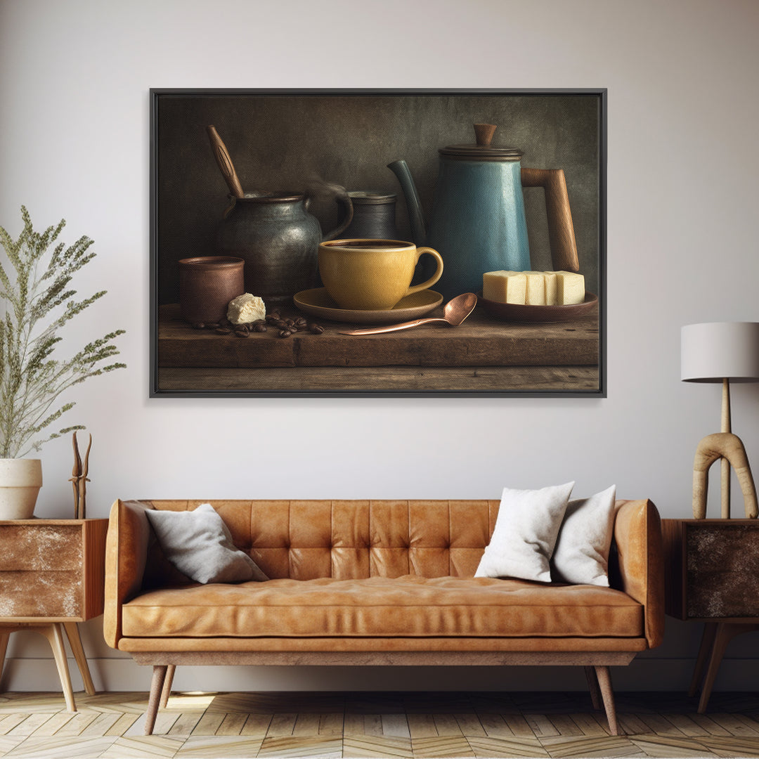 Moody Dark Roast Still Life Framed Canvas Print, Coffee Shop Art, Textured Painting, Cafe Decor, Fine Art, Cafe, Kitchen Decor, CSA-3x2-60