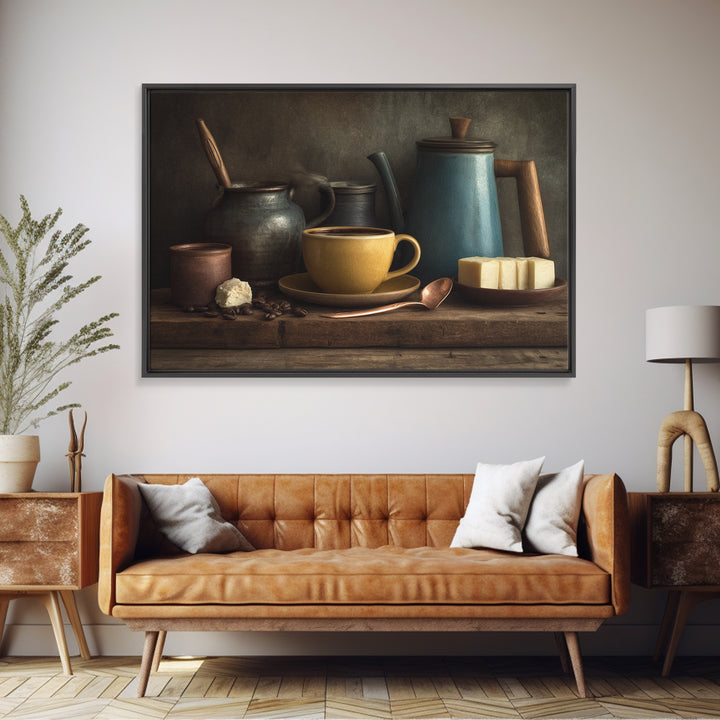 Moody Dark Roast Still Life Framed Canvas Print, Coffee Shop Art, Textured Painting, Cafe Decor, Fine Art, Cafe, Kitchen Decor, CSA-3x2-60