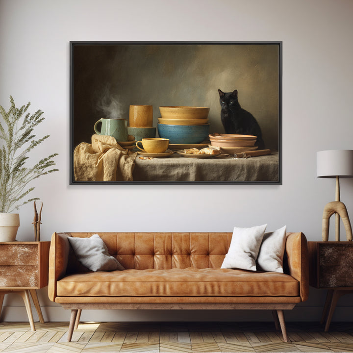 Black Cat Beside a Steaming Cup Canvas Print, Coffee Shop Art, Canvas Print, Cafe Decor, Fine Art, Cafe, Neutral Decor, CSA-3x2-66