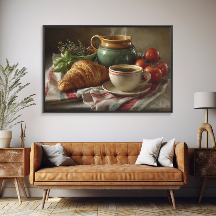 Croissant and Cappuccino on Striped Cloth Framed Canvas Print, Coffee Shop Art, Fine Art Print, Cafe Decor, Fine Art, Cafe, CSA-3x2-81