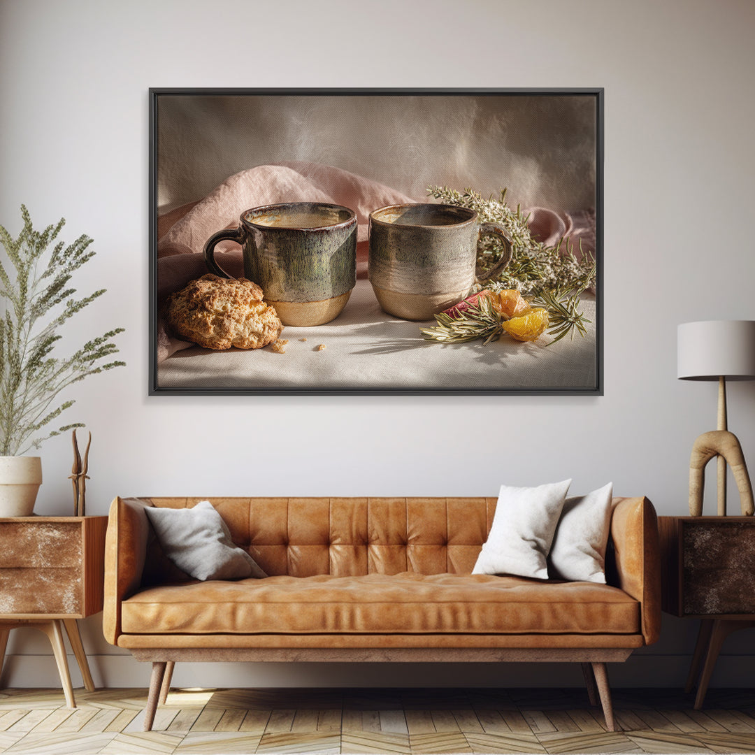 Two Cups Facing Each Other Canvas Print, Coffee Shop Art, Boho Decor, Cafe Decor, Oil Painting, Cafe, Printable, CSA-3x2-89