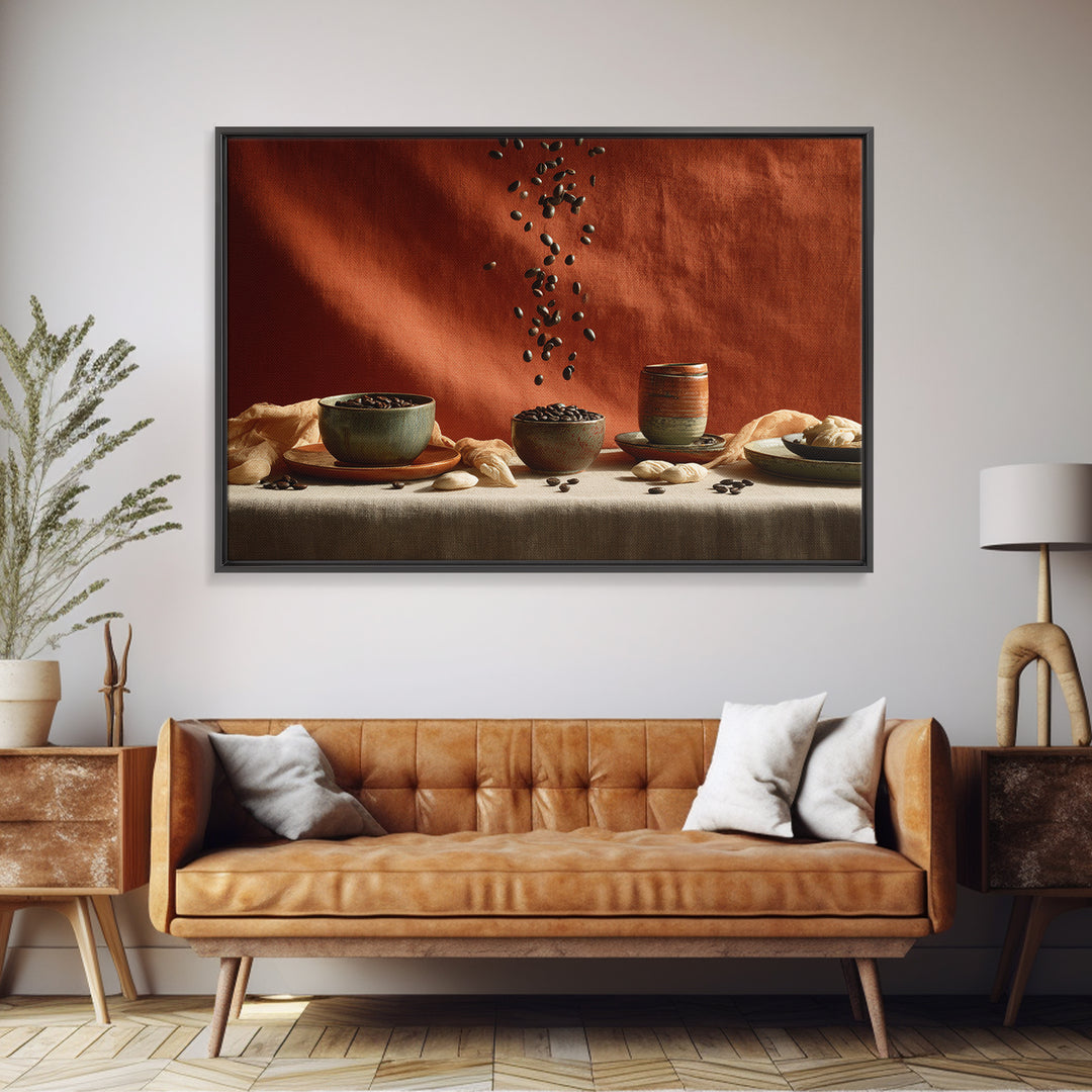 Roasted Beans Falling Through Dark Space Framed Canvas Print, Coffee Shop Art, Printable, Cafe Decor, Fine Art, Cafe, CSA-3x2-96