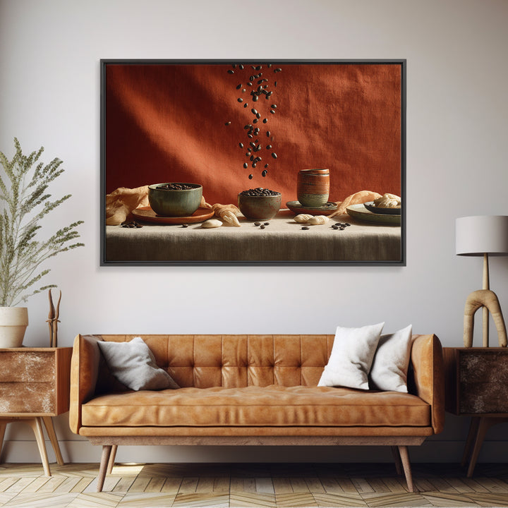 Roasted Beans Falling Through Dark Space Framed Canvas Print, Coffee Shop Art, Printable, Cafe Decor, Fine Art, Cafe, CSA-3x2-96