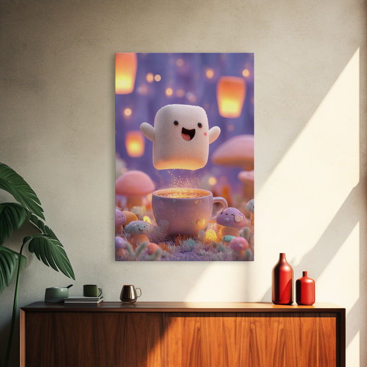 The Marshmallow Ghost, Kids Halloween Decor, Vertical Wall Art, Canvas Print, Halloween Kids Decor, Whimsical Wall Art, Dark Fantasy Art