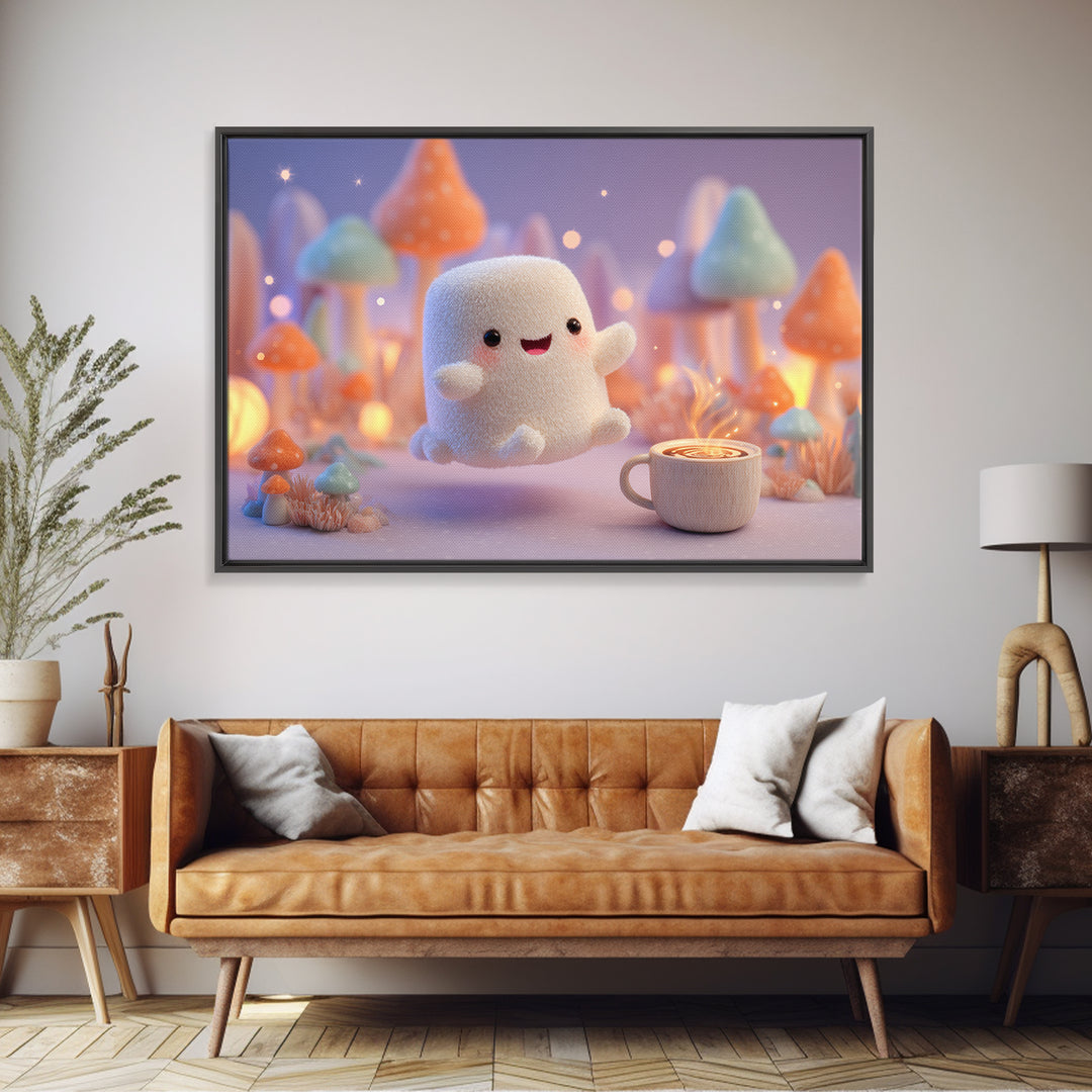 The Marshmallow Ghost, Storybook Halloween Art, Landscape Wall Art, Framed Canvas Print, Halloween Kids Decor, Whimsical Wall Art