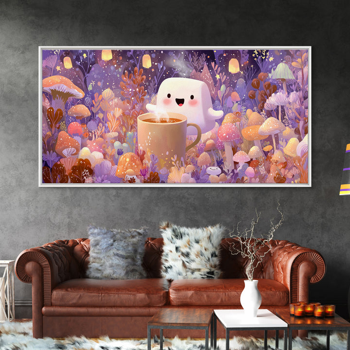 The Marshmallow Ghost, Storybook Halloween Art, Wide Panoramic Art, Canvas Print, Halloween Kids Decor, Whimsical Wall Art