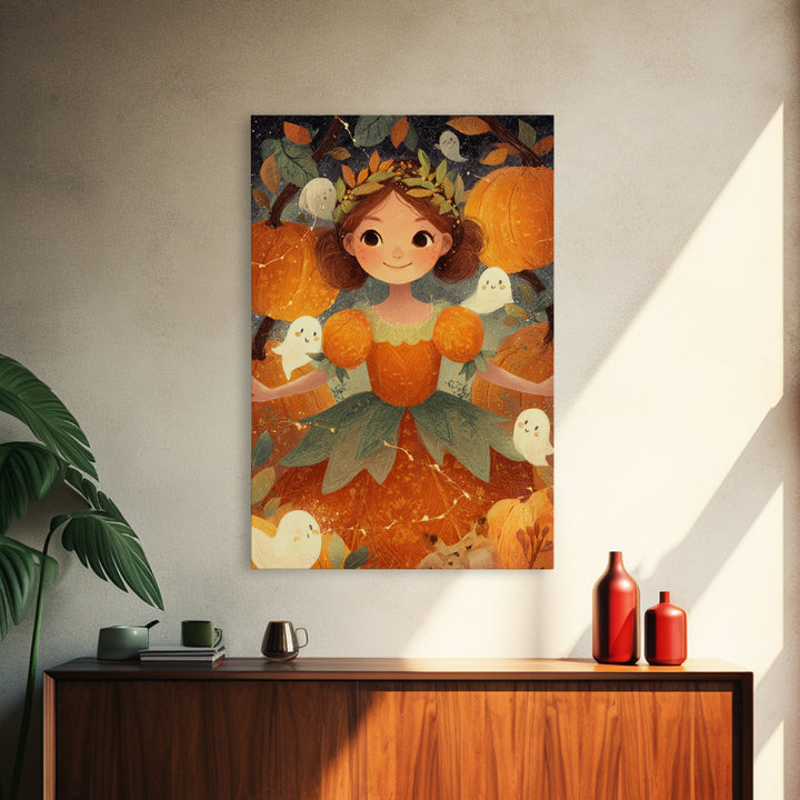 The Pumpkin Princess, Cute Spooky Wall Art, Vertical Wall Art, Canvas Print, Halloween Kids Decor, Whimsical Wall Art, Spooky Wall Decor