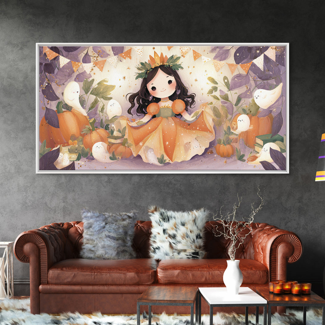 The Pumpkin Princess, Cute Halloween Wall Art, Wide Panoramic Art, Framed Canvas Print, Halloween Kids Decor, Whimsical Wall Art