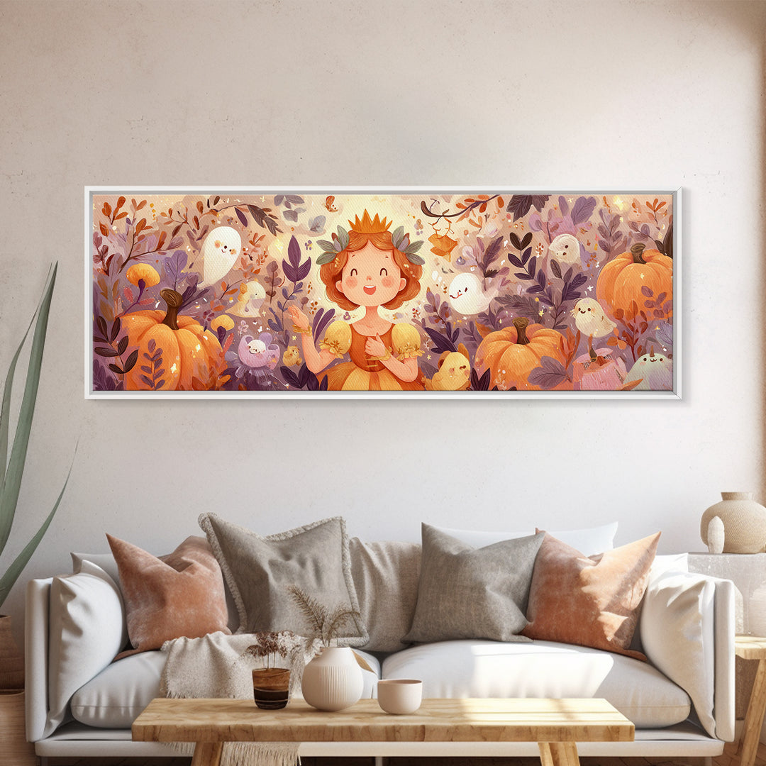 The Pumpkin Princess, Cute Spooky Wall Art, Extra Wide Wall Art, Canvas Print, Halloween Kids Decor, Whimsical Wall Art, Halloween Decor