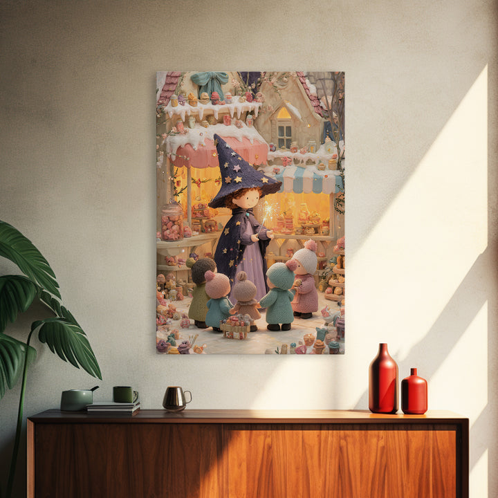 The Little Star Witch, Cute Halloween Wall Art, Vertical Wall Art, Framed Canvas Print, Halloween Kids Decor, Whimsical Wall Art