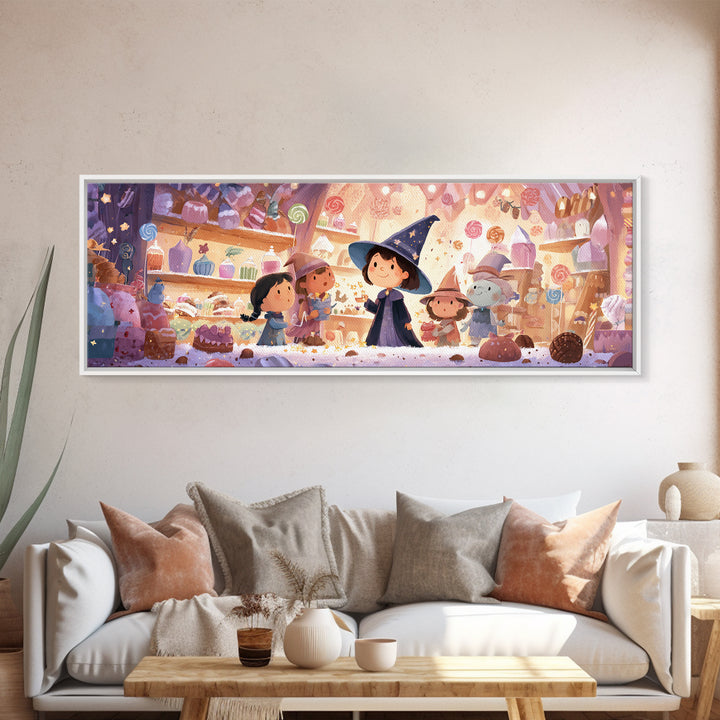 The Little Star Witch, Storybook Halloween Art, Extra Wide Wall Art, Framed Canvas Print, Halloween Kids Decor, Whimsical Wall Art