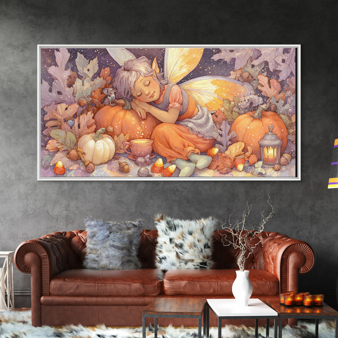 The Candy Corn Fairy, Storybook Halloween Art, Wide Panoramic Art, Canvas Print, Halloween Kids Decor, Whimsical Wall Art