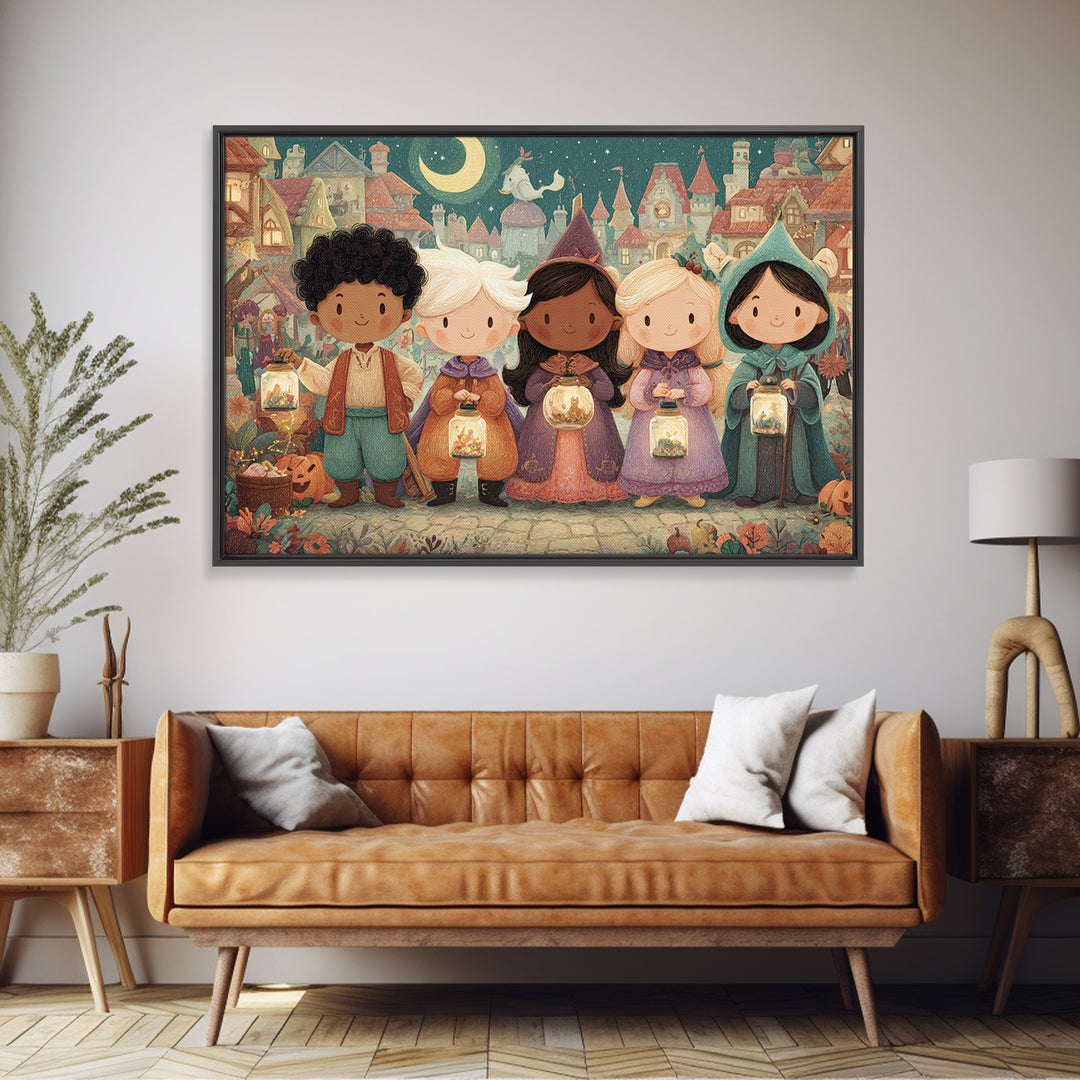 The Moonbeam Wizard, Whimsical Halloween Art, Landscape Wall Art, Framed Canvas Print, Halloween Kids Decor, Whimsical Wall Art
