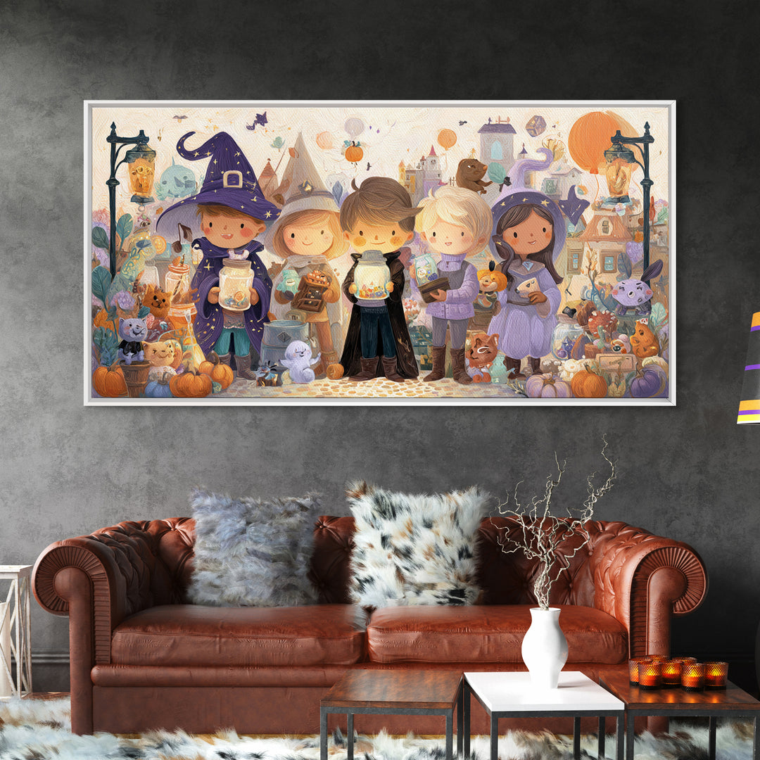 The Moonbeam Wizard, Whimsical Halloween Art, Wide Panoramic Art, Canvas Print, Halloween Kids Decor, Whimsical Wall Art, Horror Wall Art