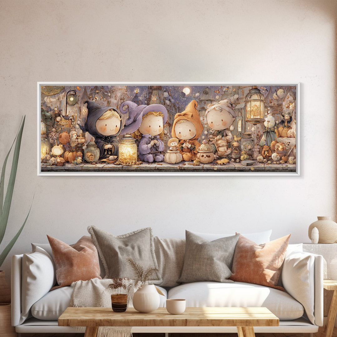 The Moonbeam Wizard, Whimsical Halloween Art, Extra Wide Wall Art, Framed Canvas Print, Halloween Kids Decor, Whimsical Wall Art