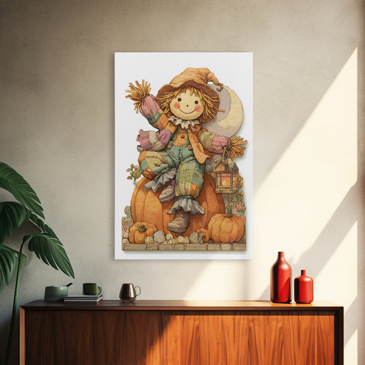 The Button-Nosed Scarecrow, Whimsical Halloween Art, Vertical Wall Art, Canvas Print, Halloween Kids Decor, Whimsical Wall Art