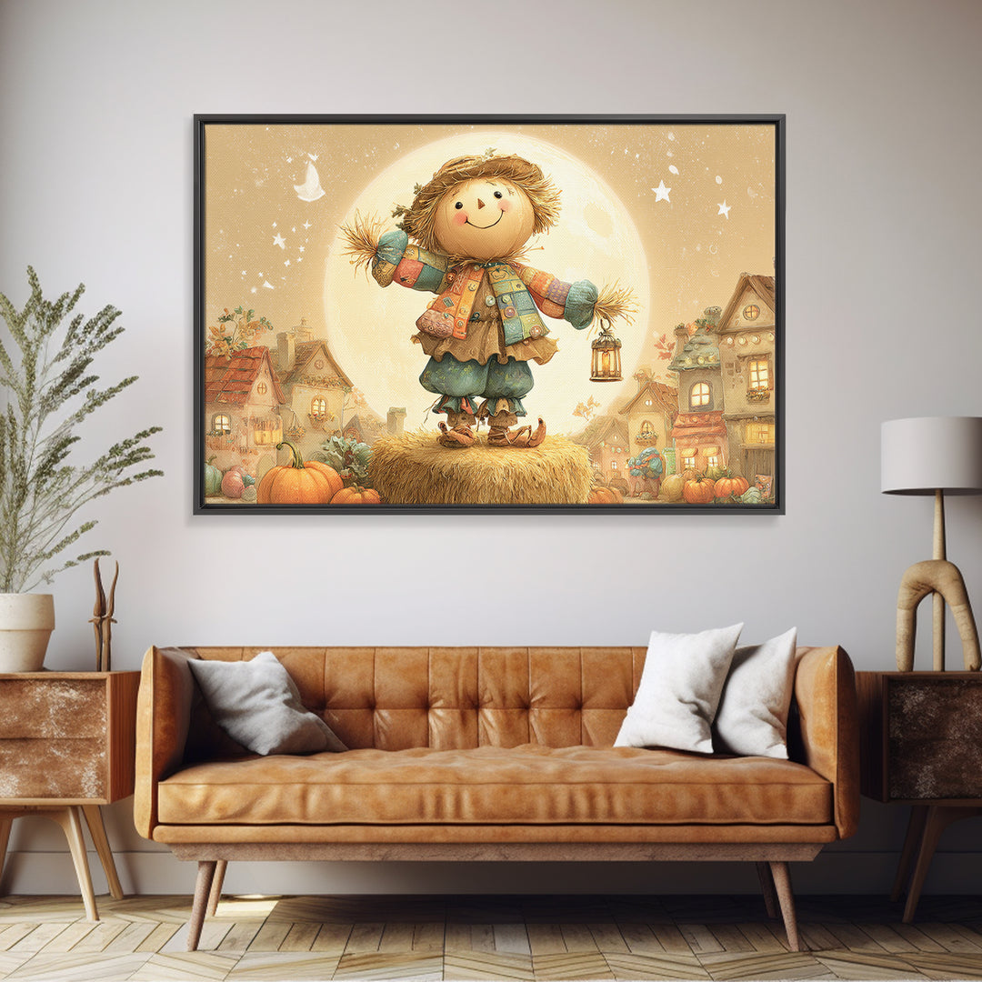 The Button-Nosed Scarecrow, Cute Spooky Wall Art, Landscape Wall Art, Canvas Print, Halloween Kids Decor, Whimsical Wall Art
