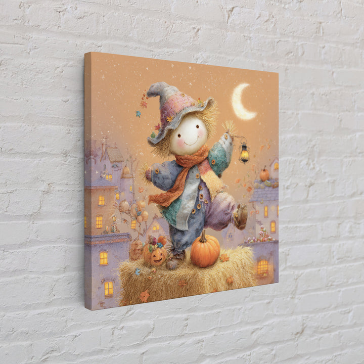 The Button-Nosed Scarecrow, Storybook Halloween Art, Square Wall Art, Canvas Print, Halloween Kids Decor, Whimsical Wall Art