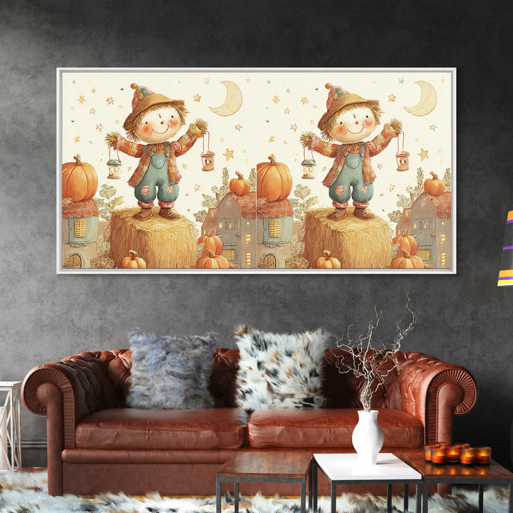 The Button-Nosed Scarecrow, Cute Halloween Wall Art, Wide Panoramic Art, Canvas Print, Halloween Kids Decor, Whimsical Wall Art