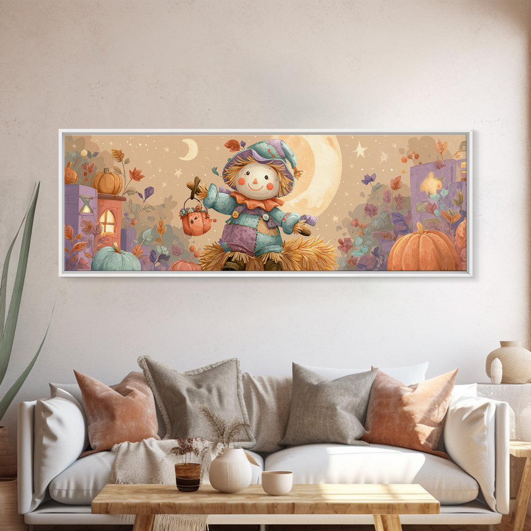 The Button-Nosed Scarecrow, Kids Halloween Decor, Extra Wide Wall Art, Canvas Print, Halloween Kids Decor, Whimsical Wall Art